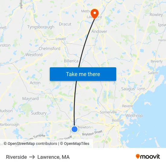 Riverside to Lawrence, MA map