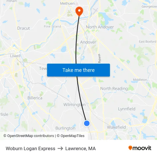 Woburn Logan Express to Lawrence, MA map