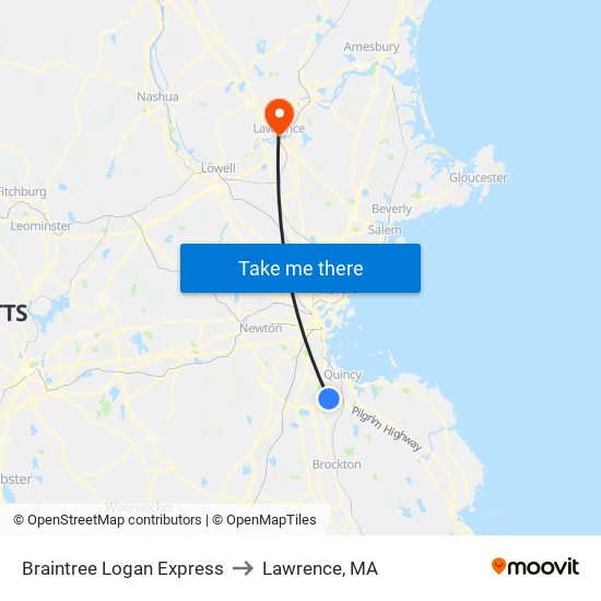 Braintree Logan Express to Lawrence, MA map