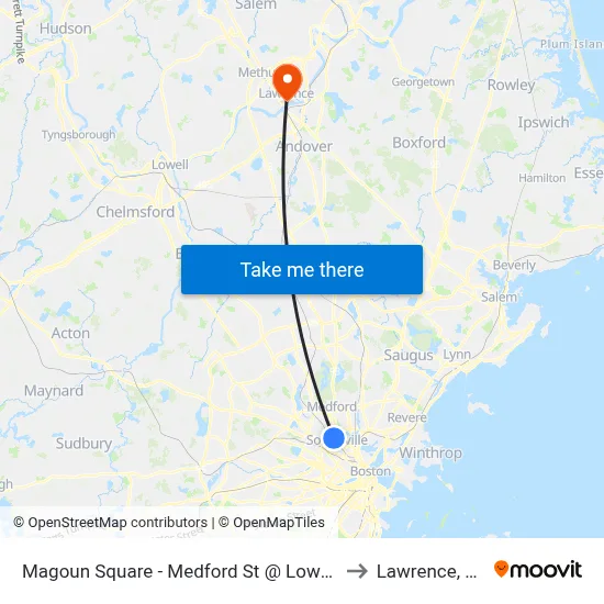 Magoun Square - Medford St @ Lowell St to Lawrence, MA map