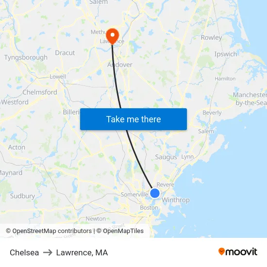 Chelsea to Lawrence, MA map