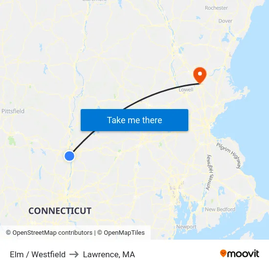 Elm / Westfield to Lawrence, MA map