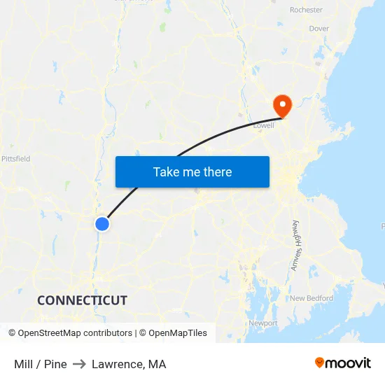 Mill / Pine to Lawrence, MA map