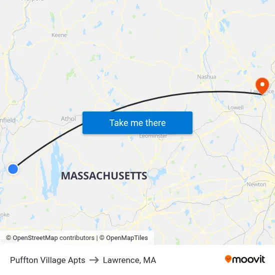 Puffton Village Apts to Lawrence, MA map