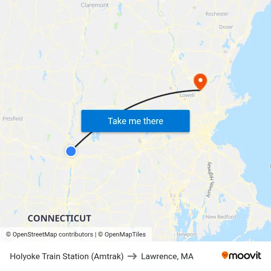 Holyoke Train Station (Amtrak) to Lawrence, MA map