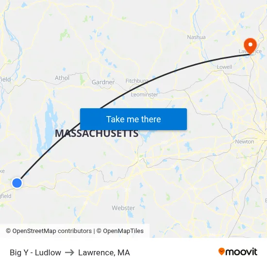 Big Y - Ludlow to Lawrence, MA map