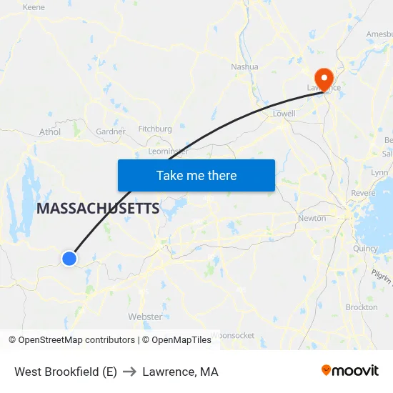 West Brookfield (E) to Lawrence, MA map