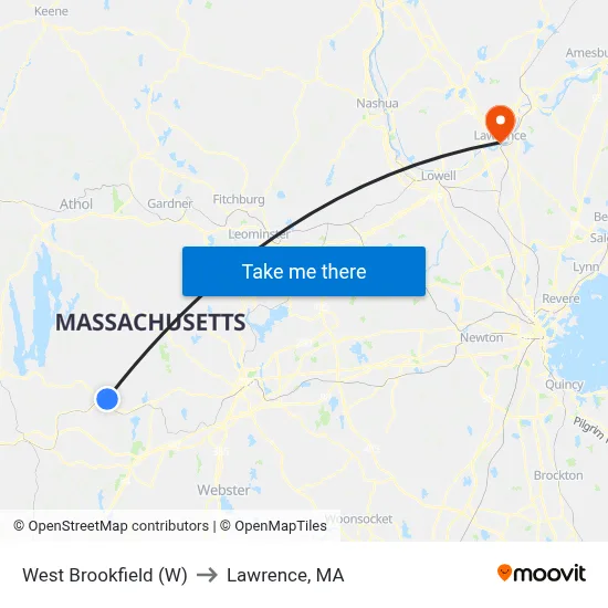 West Brookfield (W) to Lawrence, MA map