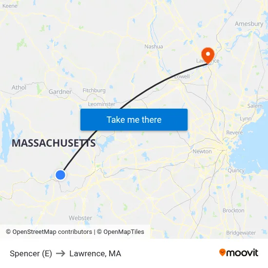 Spencer (E) to Lawrence, MA map