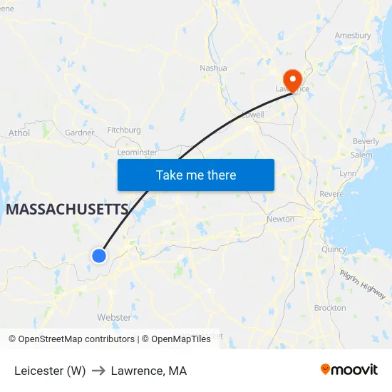 Leicester (W) to Lawrence, MA map