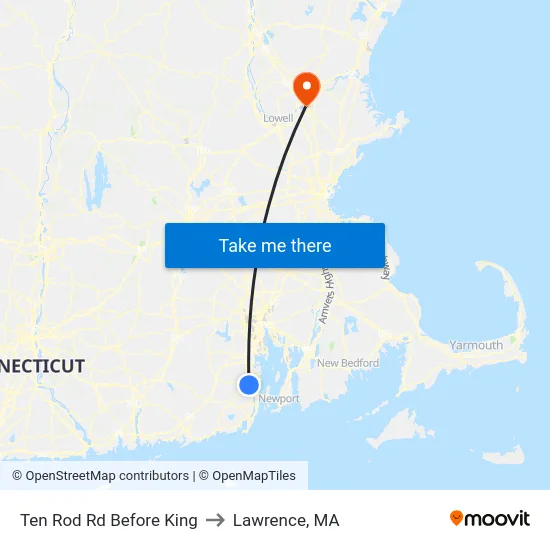 Ten Rod Rd Before King to Lawrence, MA map