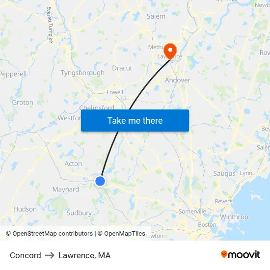 Concord to Lawrence, MA map