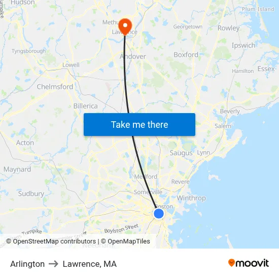 Arlington to Lawrence, MA map
