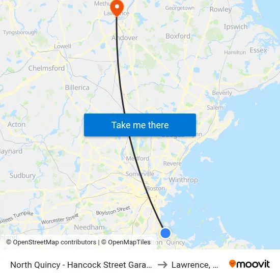 North Quincy - Hancock Street Garage to Lawrence, MA map