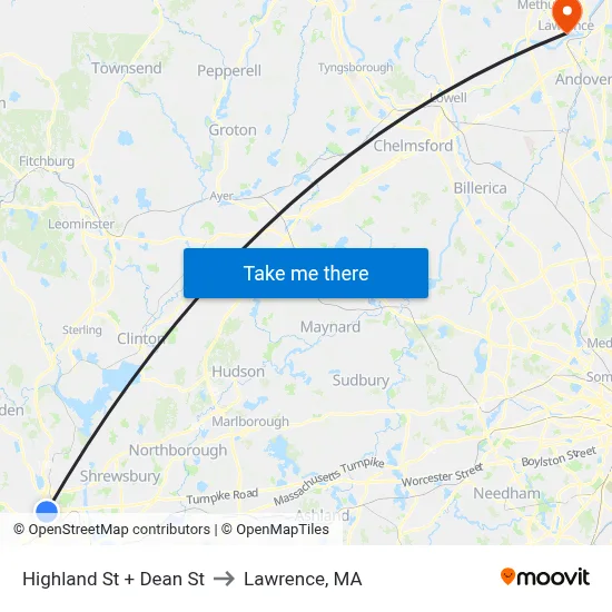 Highland St + Dean St to Lawrence, MA map