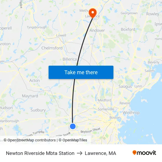 Newton Riverside Mbta Station to Lawrence, MA map