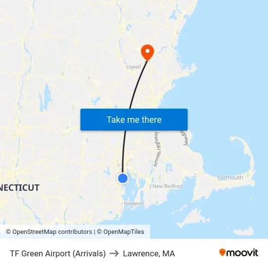 TF Green Airport (Arrivals) to Lawrence, MA map