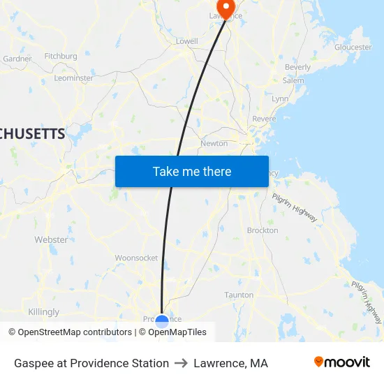 Gaspee at Providence Station to Lawrence, MA map