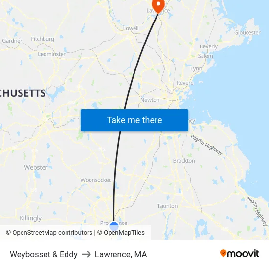 Weybosset & Eddy to Lawrence, MA map