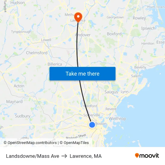 Landsdowne/Mass Ave to Lawrence, MA map