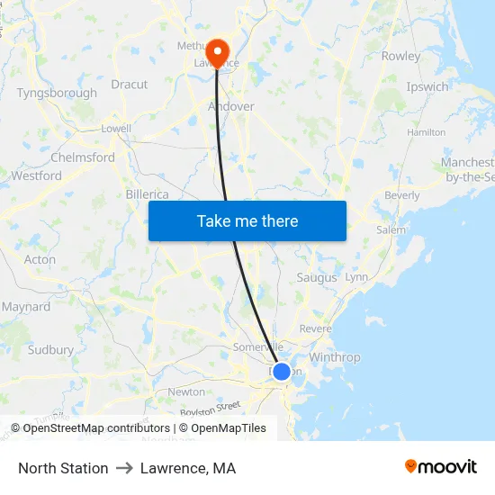 North Station to Lawrence, MA map
