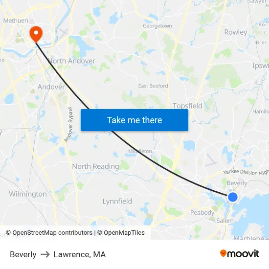 Beverly to Lawrence, MA map