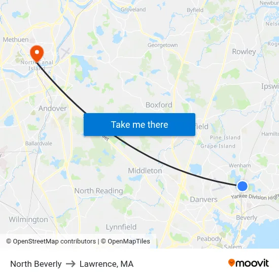 North Beverly to Lawrence, MA map