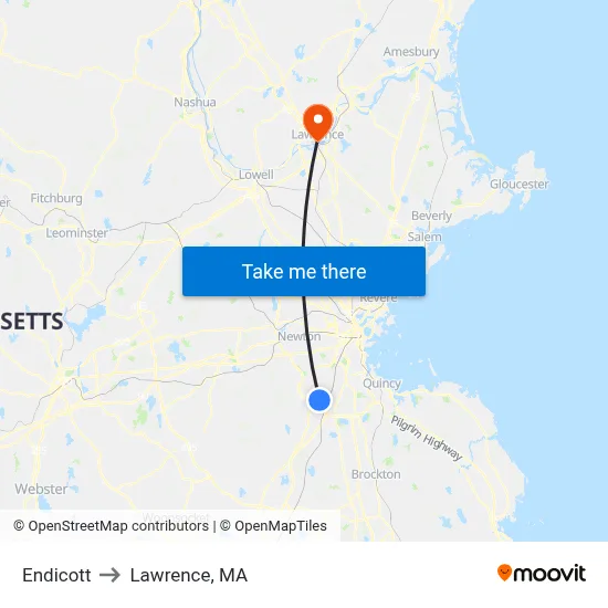 Endicott to Lawrence, MA map