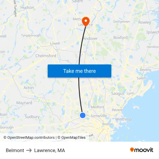 Belmont to Lawrence, MA map