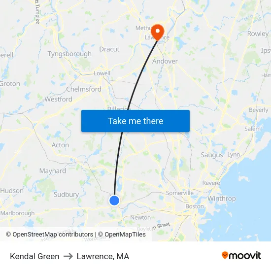 Kendal Green to Lawrence, MA map