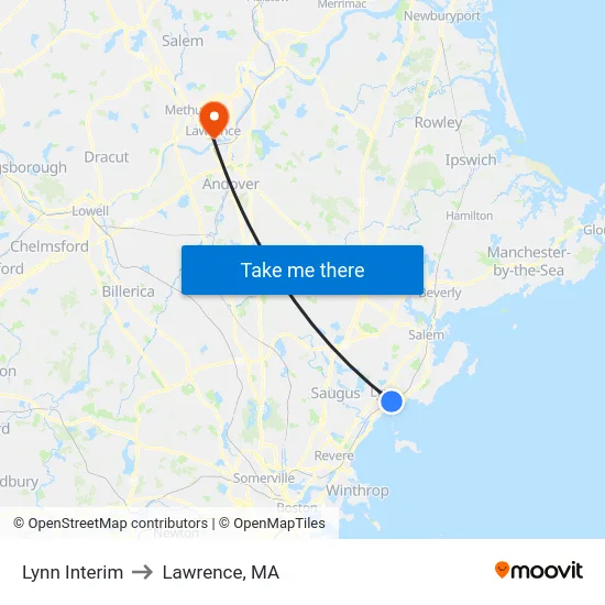 Lynn Interim to Lawrence, MA map