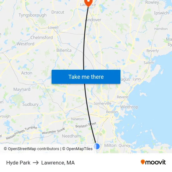 Hyde Park to Lawrence, MA map