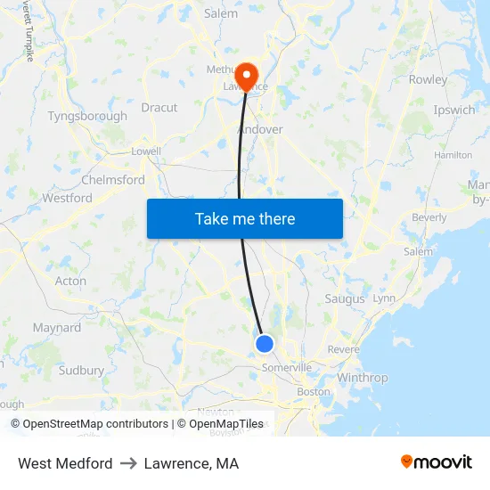 West Medford to Lawrence, MA map