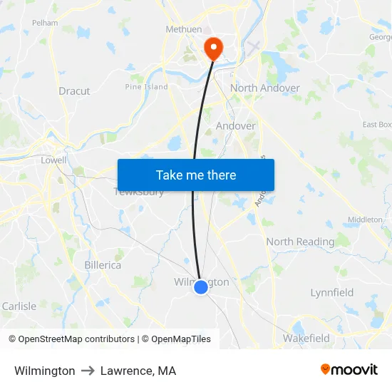 Wilmington to Lawrence, MA map