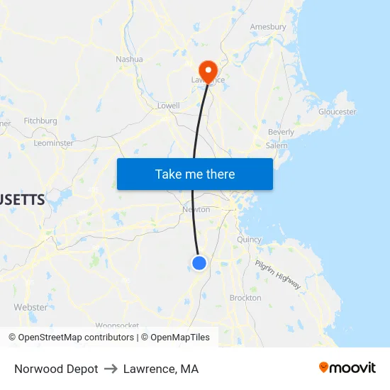 Norwood Depot to Lawrence, MA map