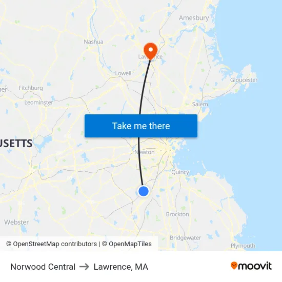 Norwood Central to Lawrence, MA map