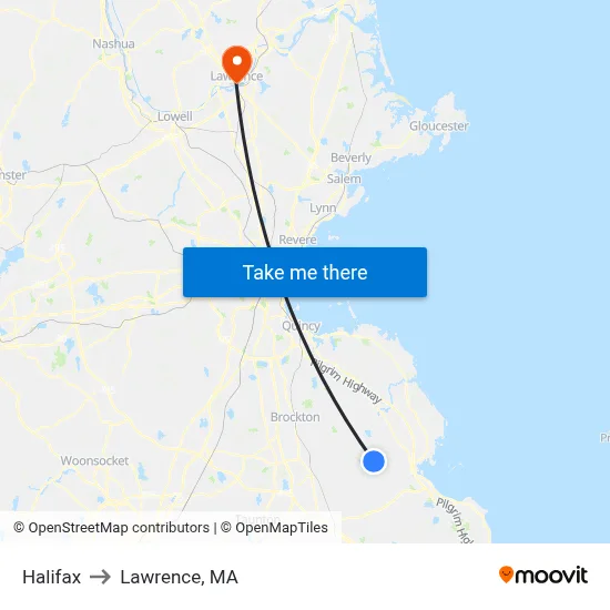 Halifax to Lawrence, MA map