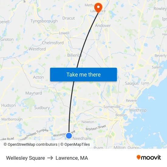 Wellesley Square to Lawrence, MA map