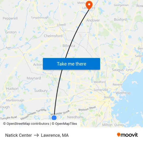 Natick Center to Lawrence, MA map