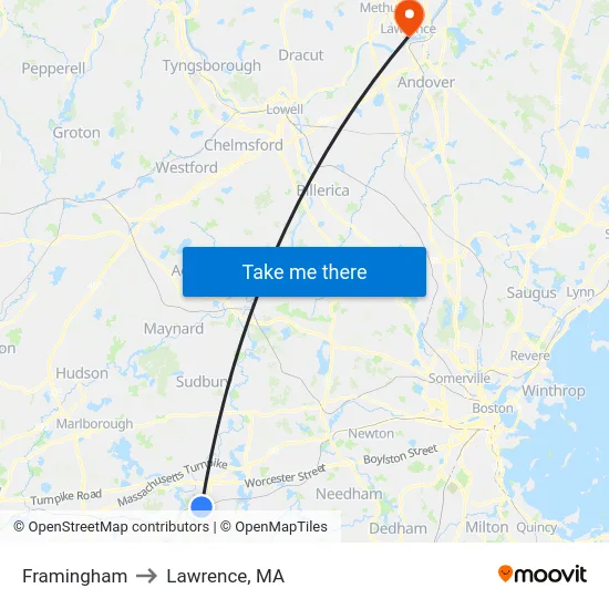 Framingham to Lawrence, MA map
