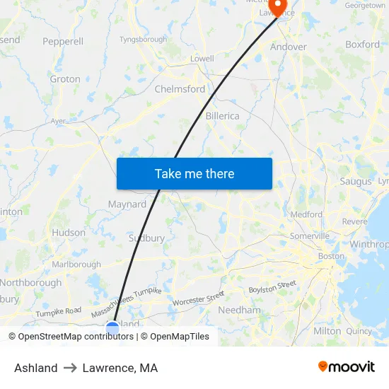 Ashland to Lawrence, MA map