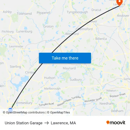 Union Station Garage to Lawrence, MA map