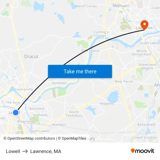 Lowell to Lawrence, MA map