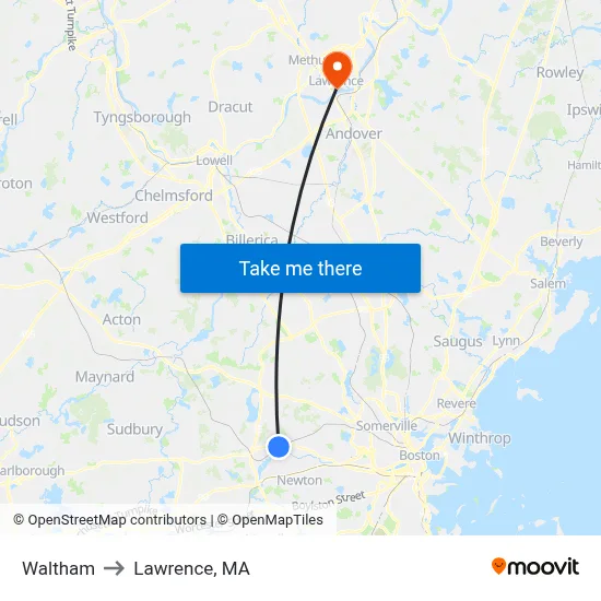 Waltham to Lawrence, MA map