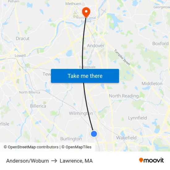 Anderson/Woburn to Lawrence, MA map