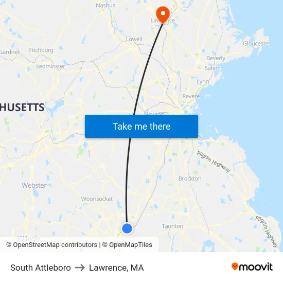 South Attleboro to Lawrence, MA map