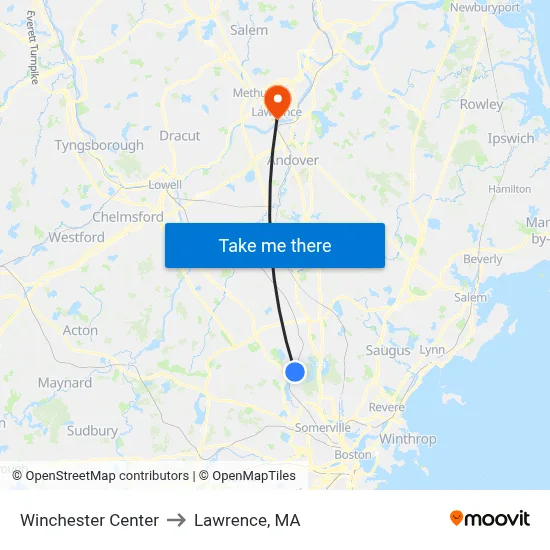 Winchester Center to Lawrence, MA map