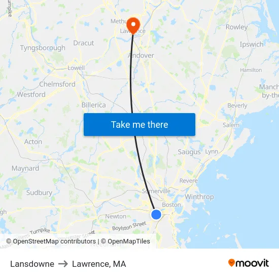 Lansdowne to Lawrence, MA map