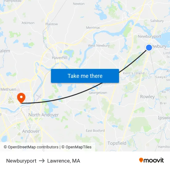 Newburyport to Lawrence, MA map