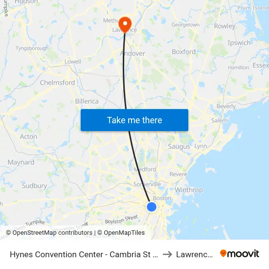 Hynes Convention Center - Cambria St @ Boylston St to Lawrence, MA map